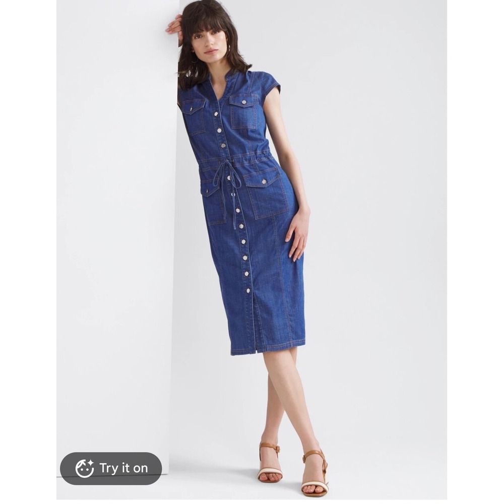 WHITE HOUSE BLACK MARKET Chambray Midi Shirt Dress Drawstring Waist Tencel